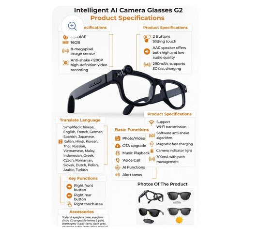 Smart AI eye Glasses ,Camera 1200P HD Video Recording.